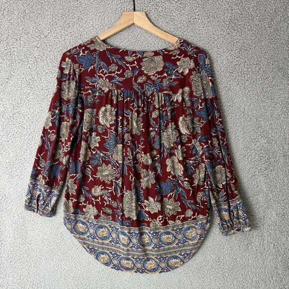 LUCKY BRAND Floral Boho Top Womens Medium Red High Low V Neck Popover Dark Fall - Picture 8 of 12